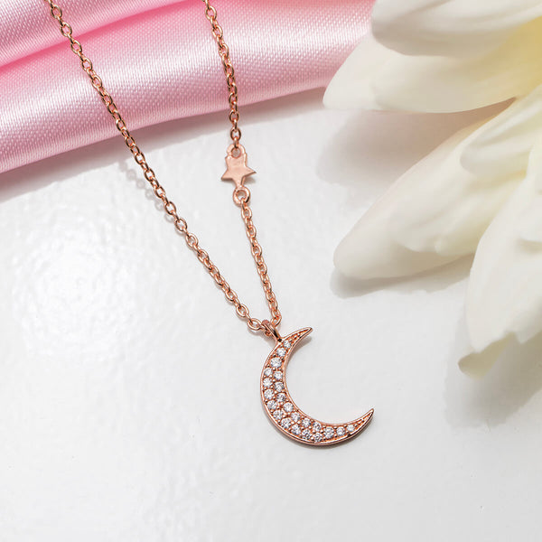 18K Rose Gold Plated Silver Moon and Star Necklace