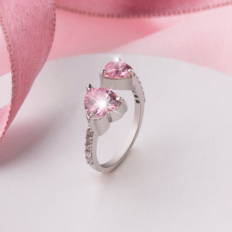 Pink Dual Heart Silver Ring