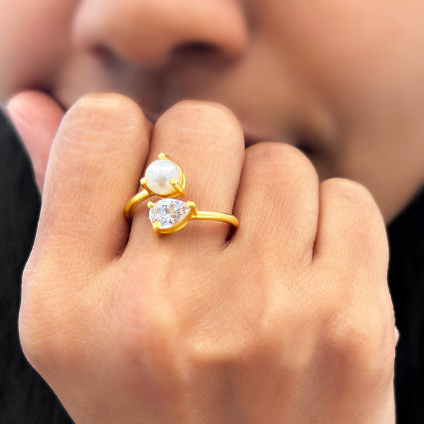 18K Gold Plated Silver Pear Zircon and Pearl Ring