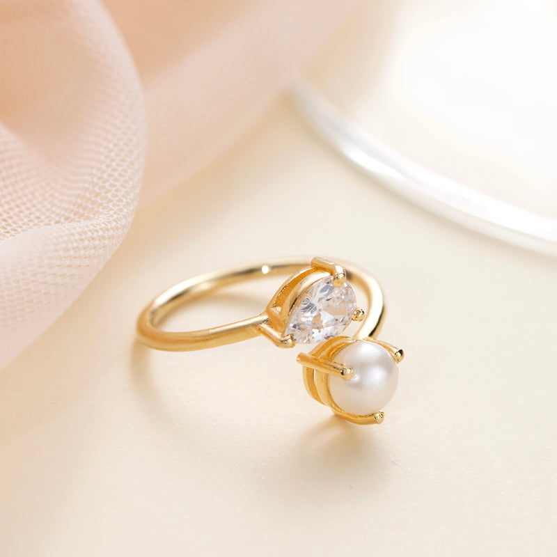 18K Gold Plated Silver Pear Zircon and Pearl Ring