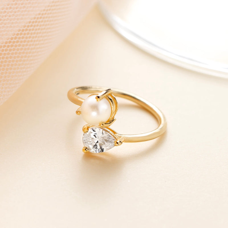 18K Gold Plated Silver Pear Zircon and Pearl Ring