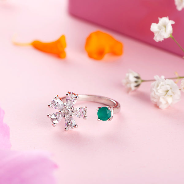 Silver Floral Green Zircon Bypass Ring