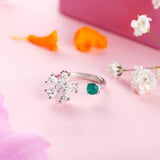 Silver Floral Green Zircon Bypass Ring