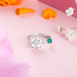 Silver Floral Green Zircon Bypass Ring