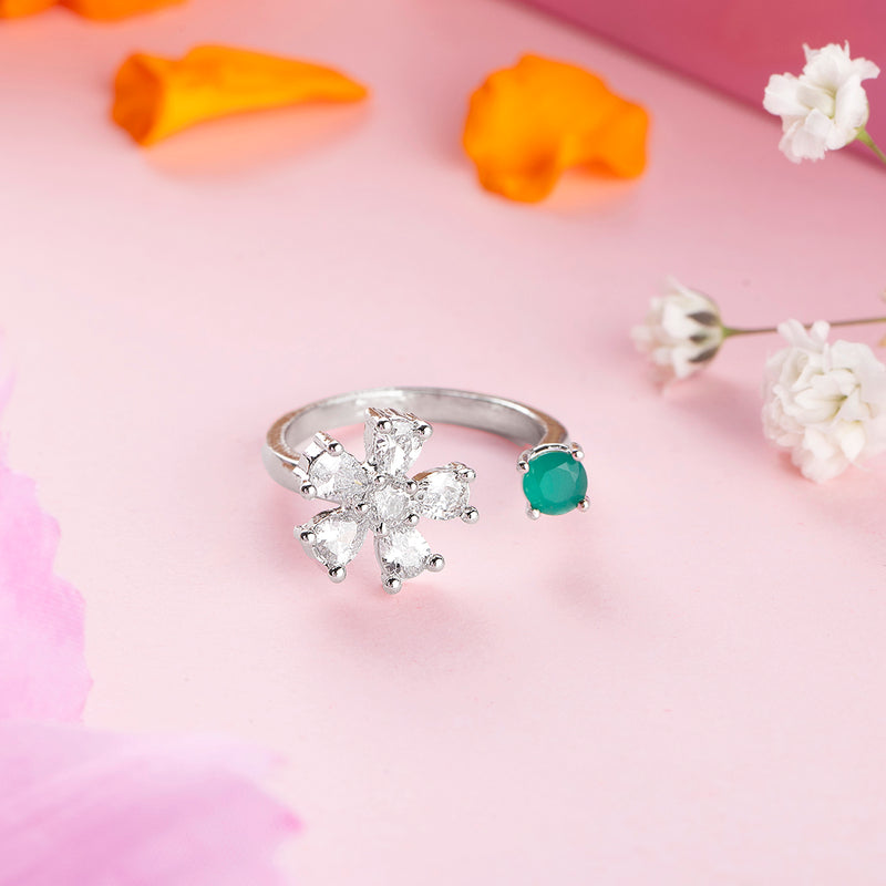 Silver Floral Green Zircon Bypass Ring