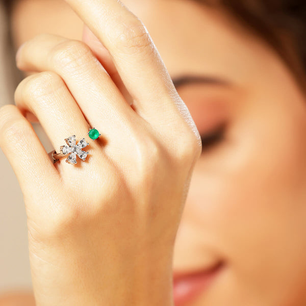 Silver Floral Green Zircon Bypass Ring