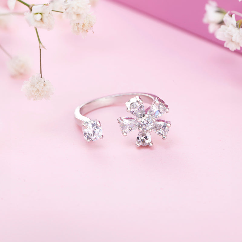 Silver Floral White Zircon Bypass Ring