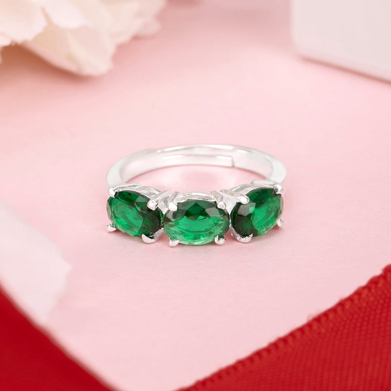 Silver Three Stone Green Zircon Ring