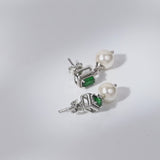 Silver Green Zircon and Natural Pearl Earrings