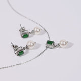 Silver Green Zircon and Natural Pearl Set