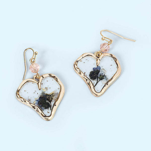 Blue Dry Flower Heart Earrings