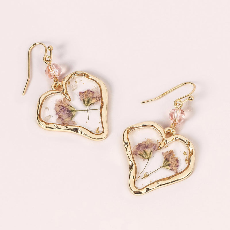 Purple Dry Flower Heart Earrings