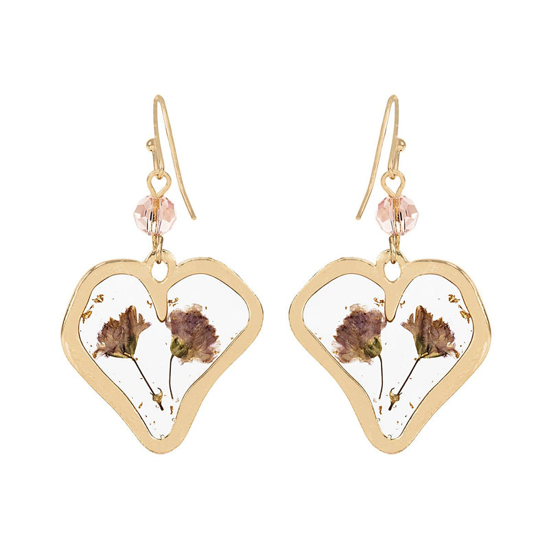 Purple Dry Flower Heart Earrings