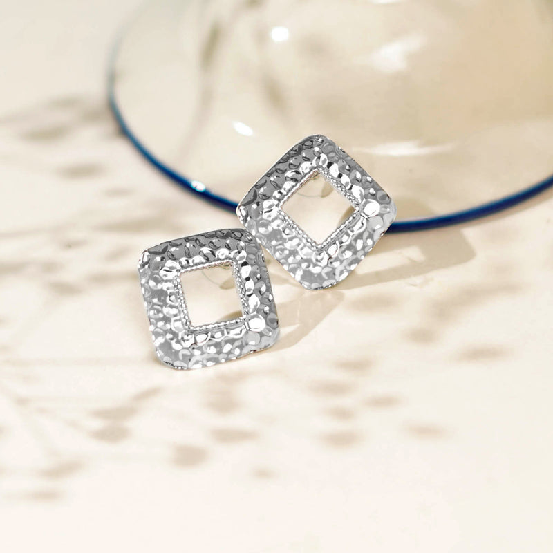 Rhomboid Textured Earrings- Silver Color