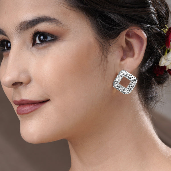 Rhomboid Textured Earrings- Silver Color