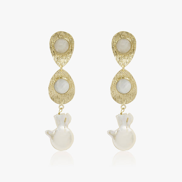 Moon Stone & Baroque Pearl Textured Earrings