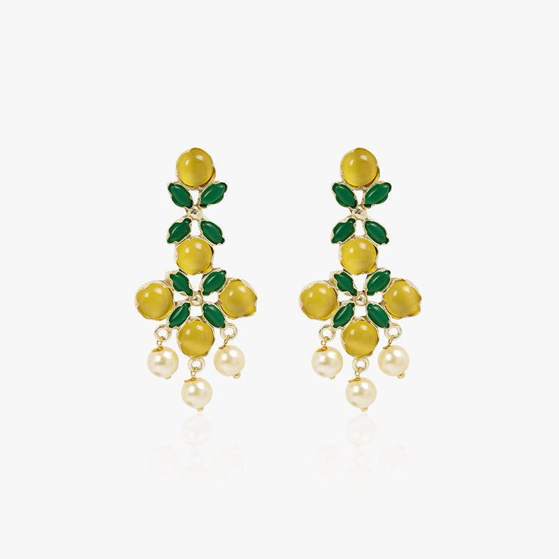 Green And Yellow Floral Pearl Earrings