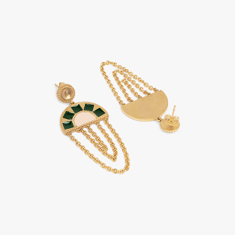 Green And Ivory Enamel Glossy Chain Earrings