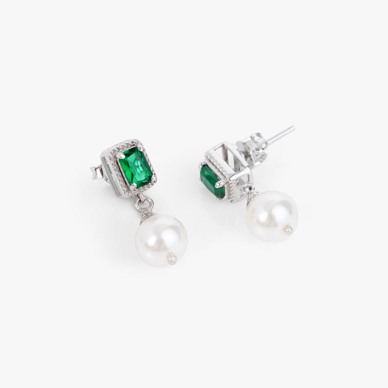 Buy Silver Green Zircon and Natural Pearl Earrings Online | March