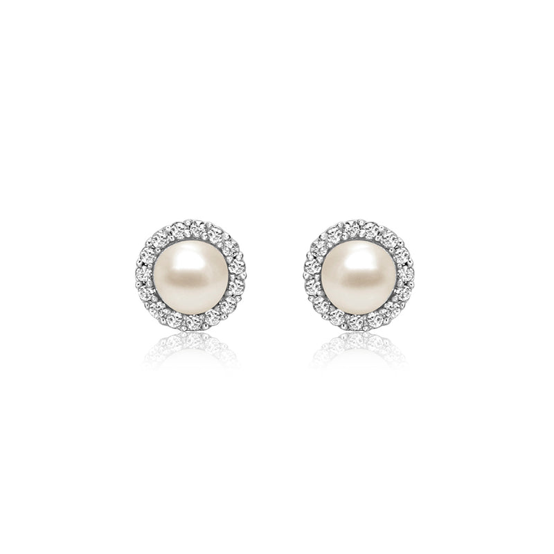 Pearl And Zircon Silver Round Studs