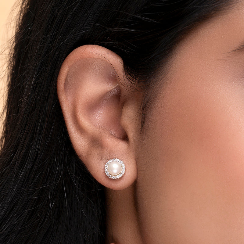 Buy Pearl And Zircon Silver Round Studs Online | March