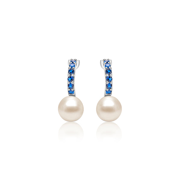 Blue Zircon Studded Silver Pearl Earrings