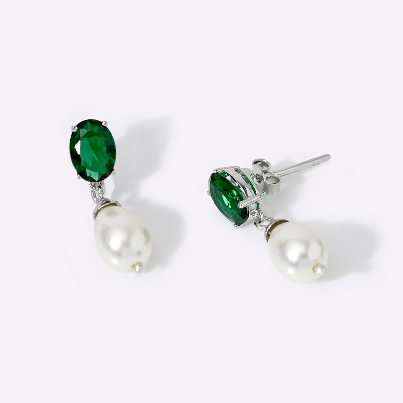 Buy Silver Green Zircon And Natural Pearl Drop Earrings Online | March