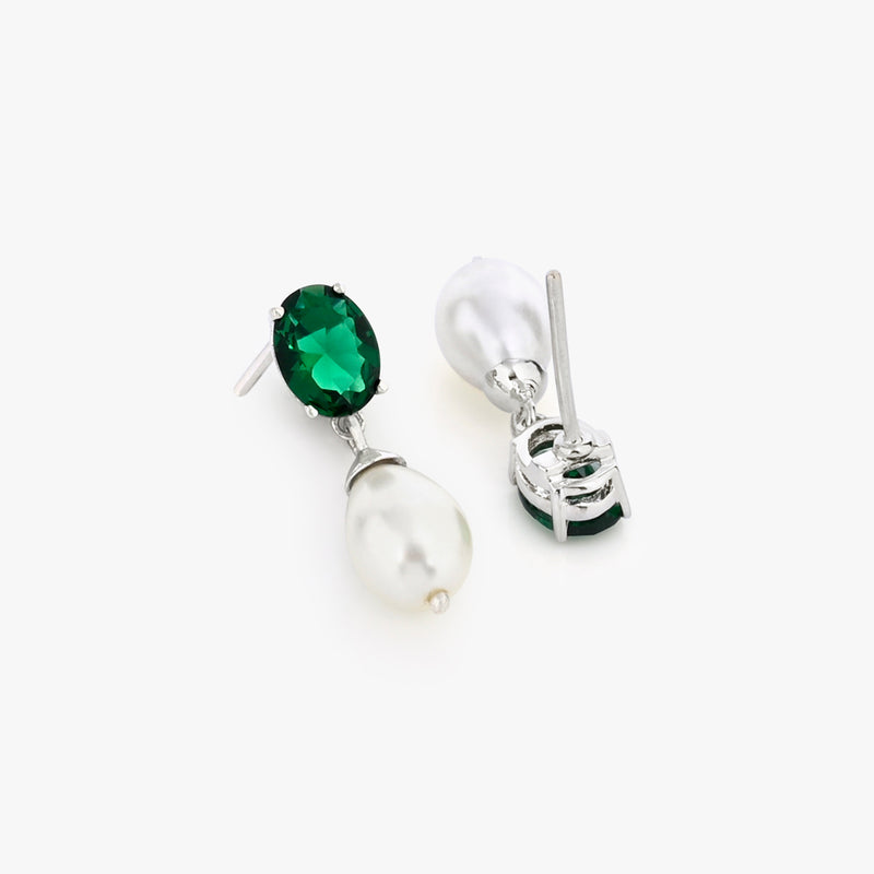 Buy Silver Green Zircon And Natural Pearl Drop Earrings Online | March