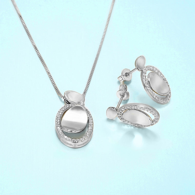 Oval Zircon Necklace & Earring Set - Silver Color