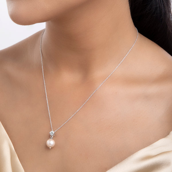 Buy Natural Pearl And Zircon Silver Necklace Online | March