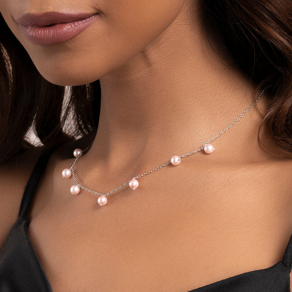 Buy Silver Dangling Natural Peach Pearl Necklace Online | March