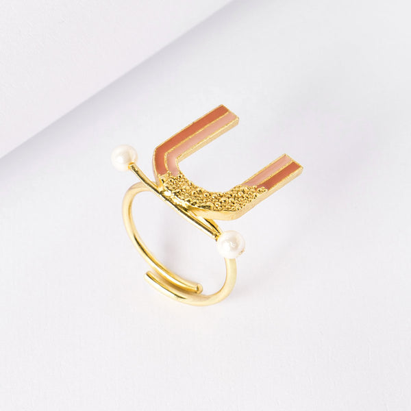 Granulated & Enamel Adjustable Ring - Yellow Gold & Ombre Rose Pink Colour