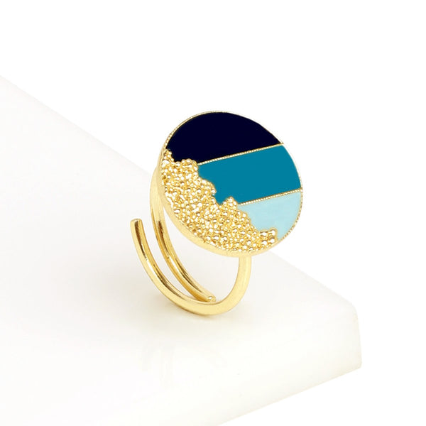 Granulated & Enamel Adjustable Ring - Yellow Gold & Ombre Blue Colour