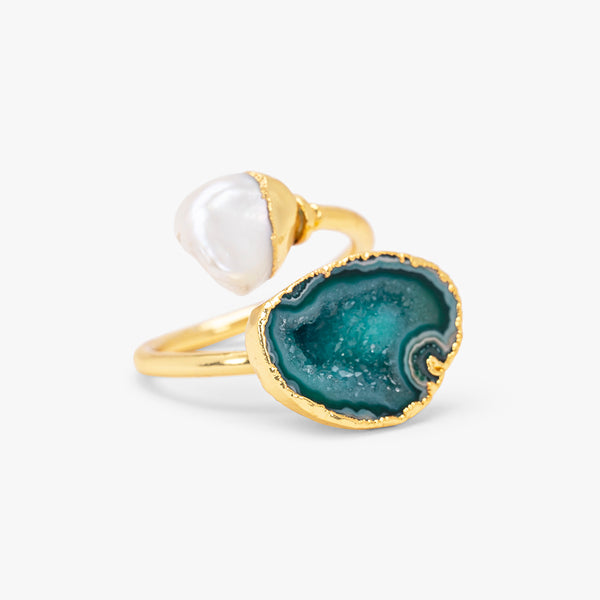 Blue Druzy And Baroque Pearl Ring