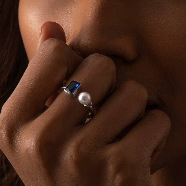 Buy Silver Blue Zircon and Natural Pearl Ring Online | March